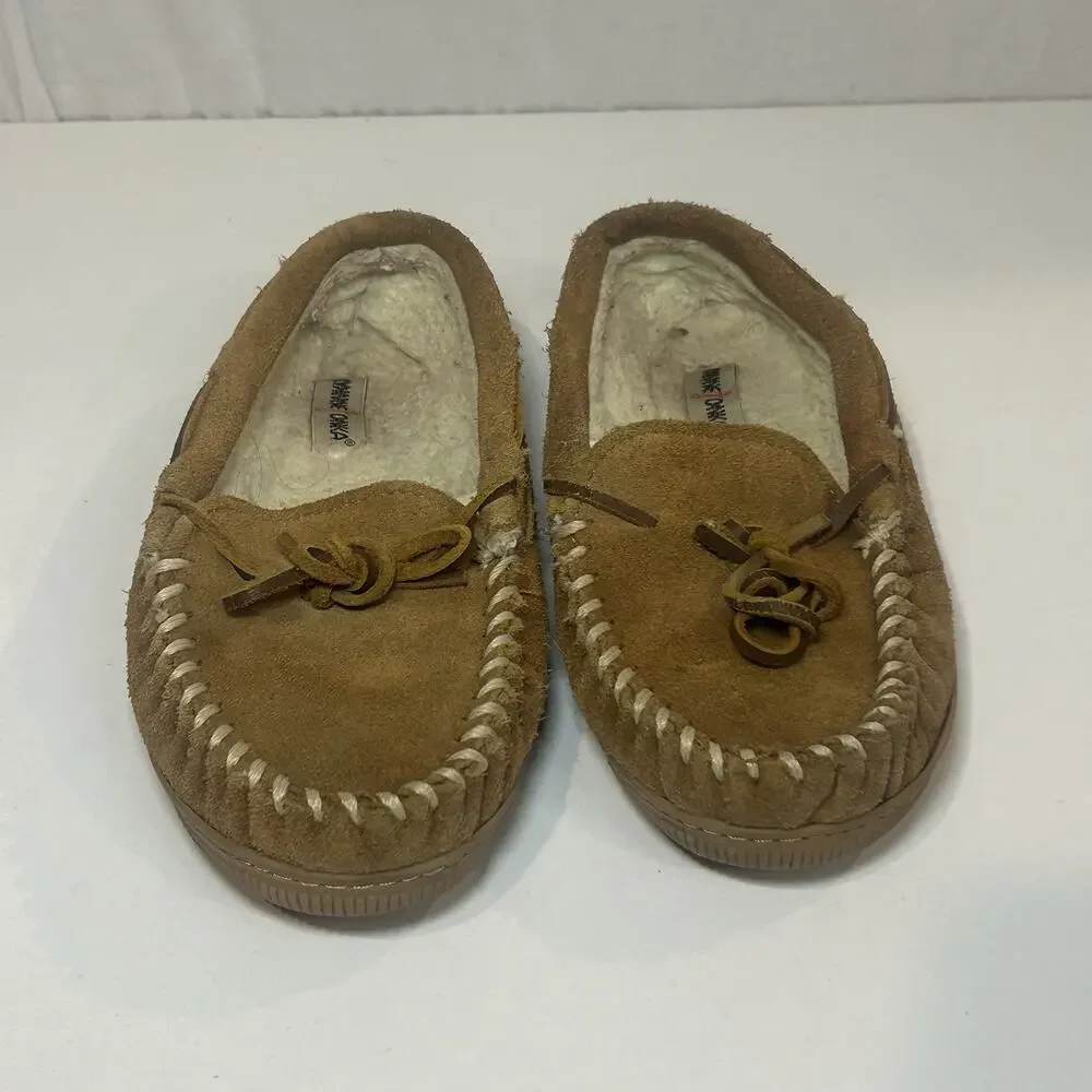Minnetonka Moccasins Womens 3 Brown Suede Hard Sole Cally Slippers Sherpa Fur